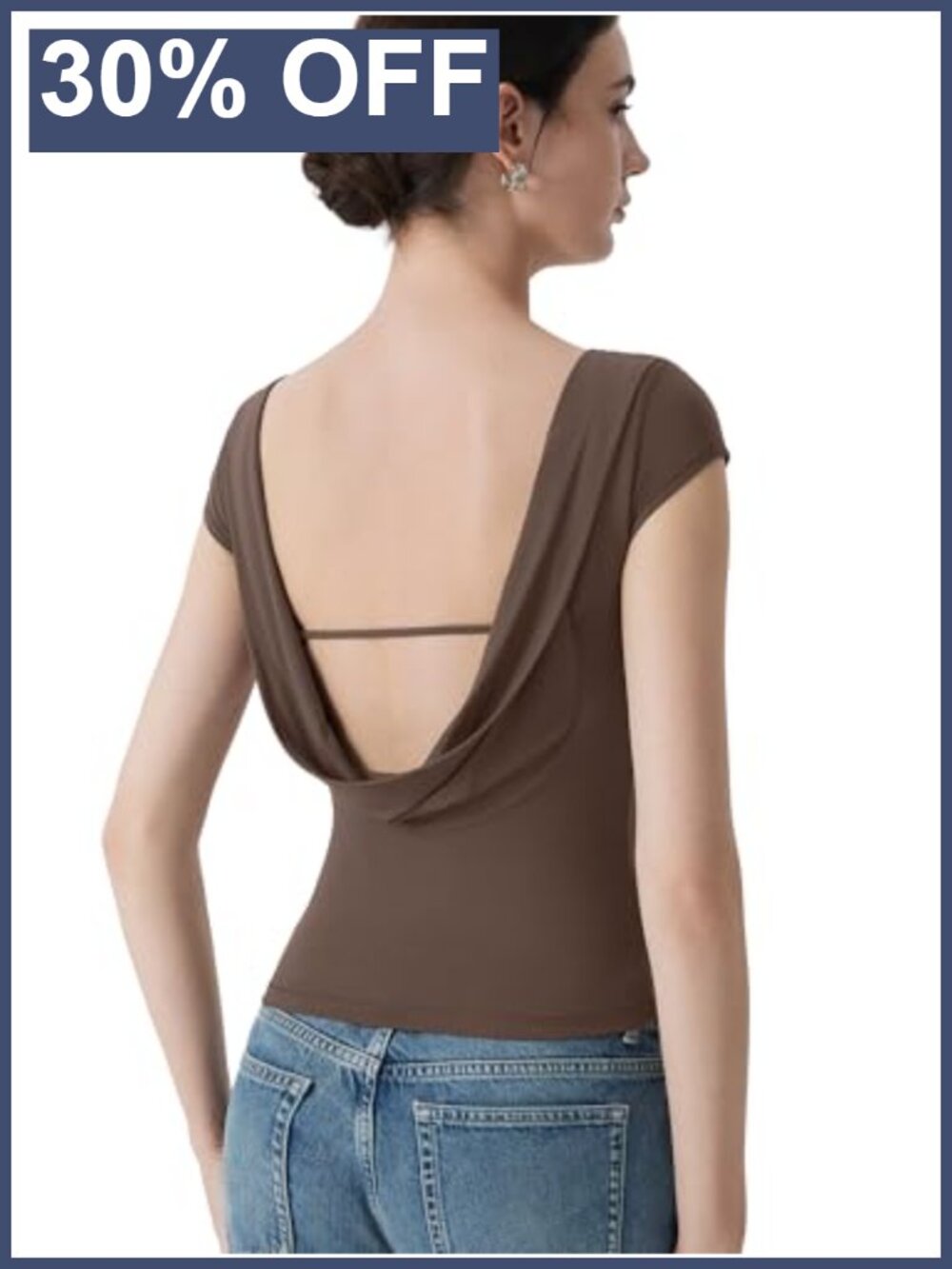 Double Lined Boat Neck Backless Top Built in Bra Cap Sleeve